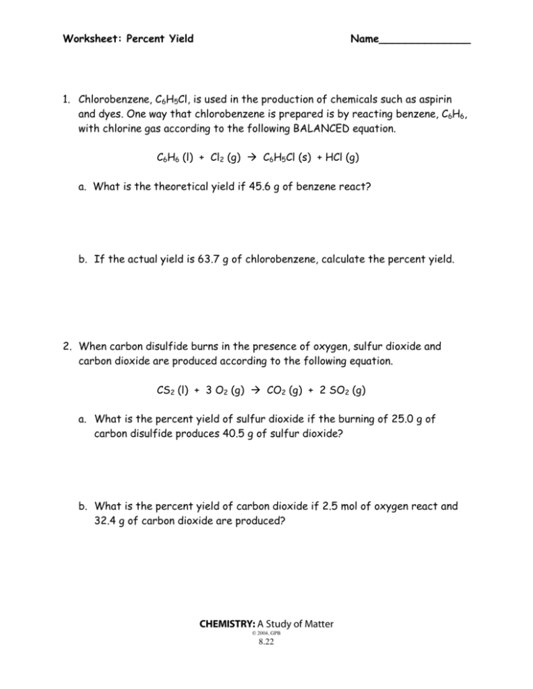 Stoichiometry Percent Yield Worksheet Answers