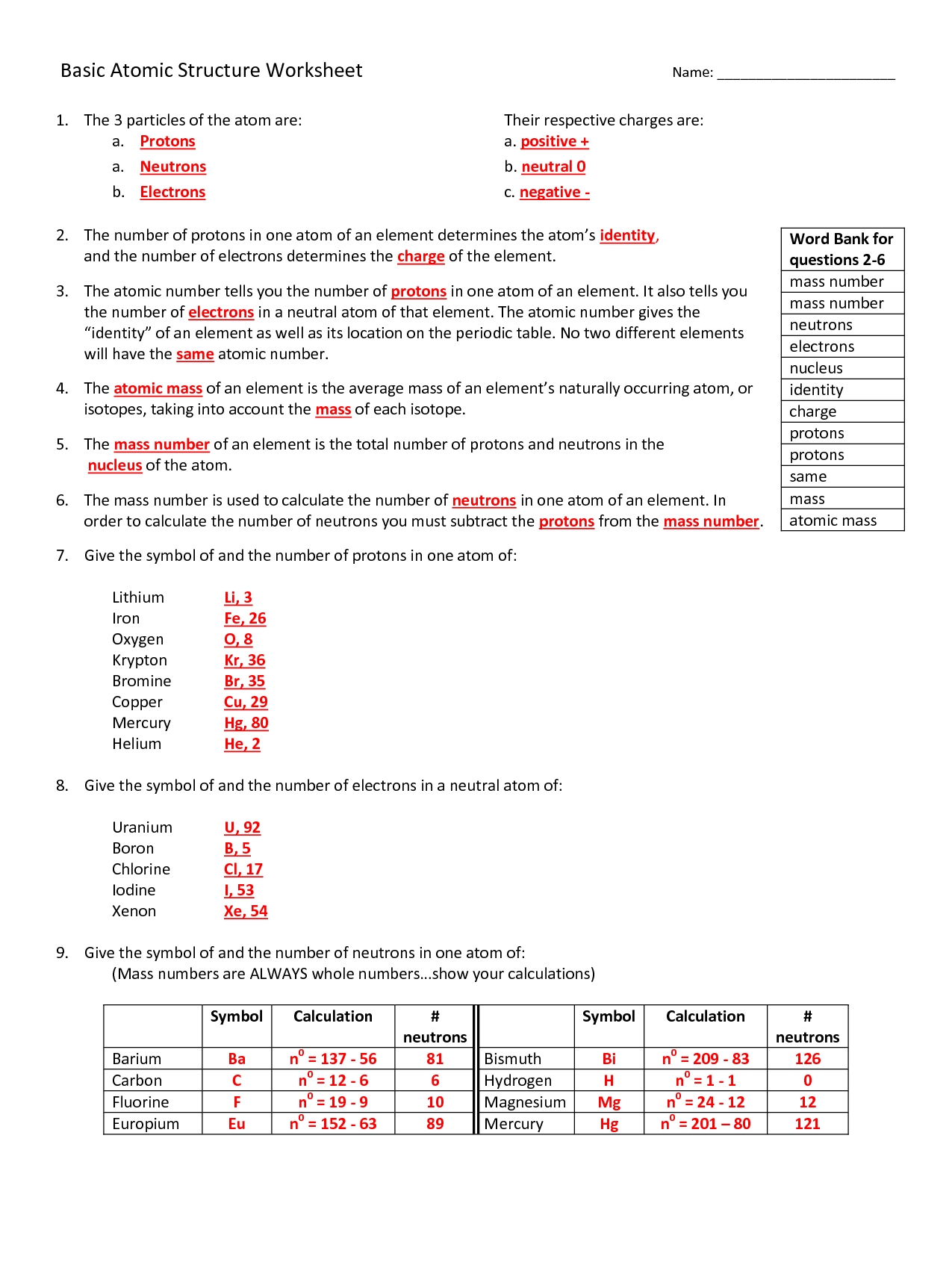 Atom Worksheet Answer Key for Students