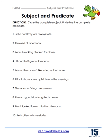 Subject And Predicate Worksheet Pdf