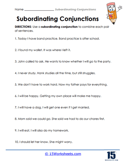 Master 7 Subordinating Conjunctions in One Worksheet