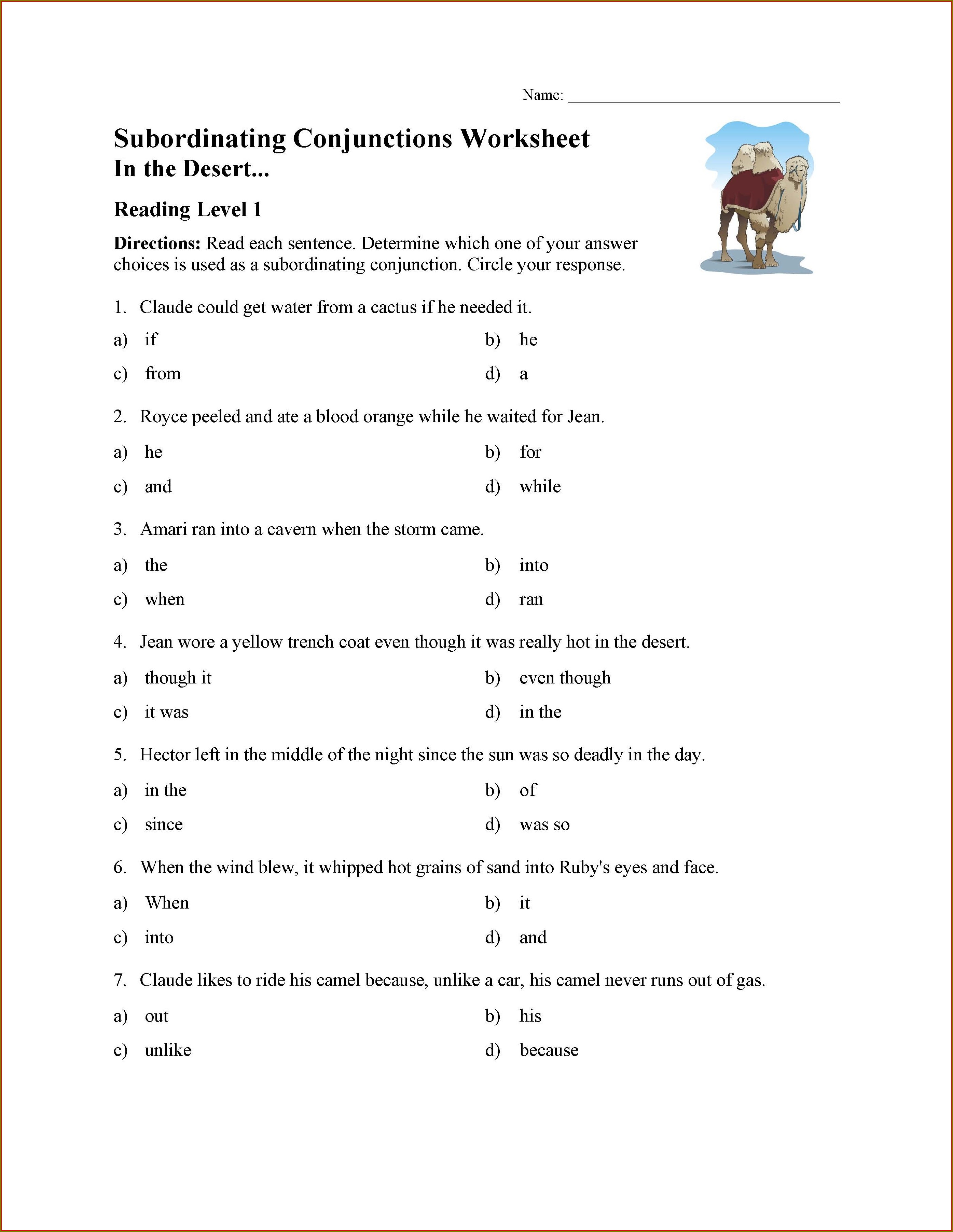 Subordinating Conjunctions Worksheet Grade 5