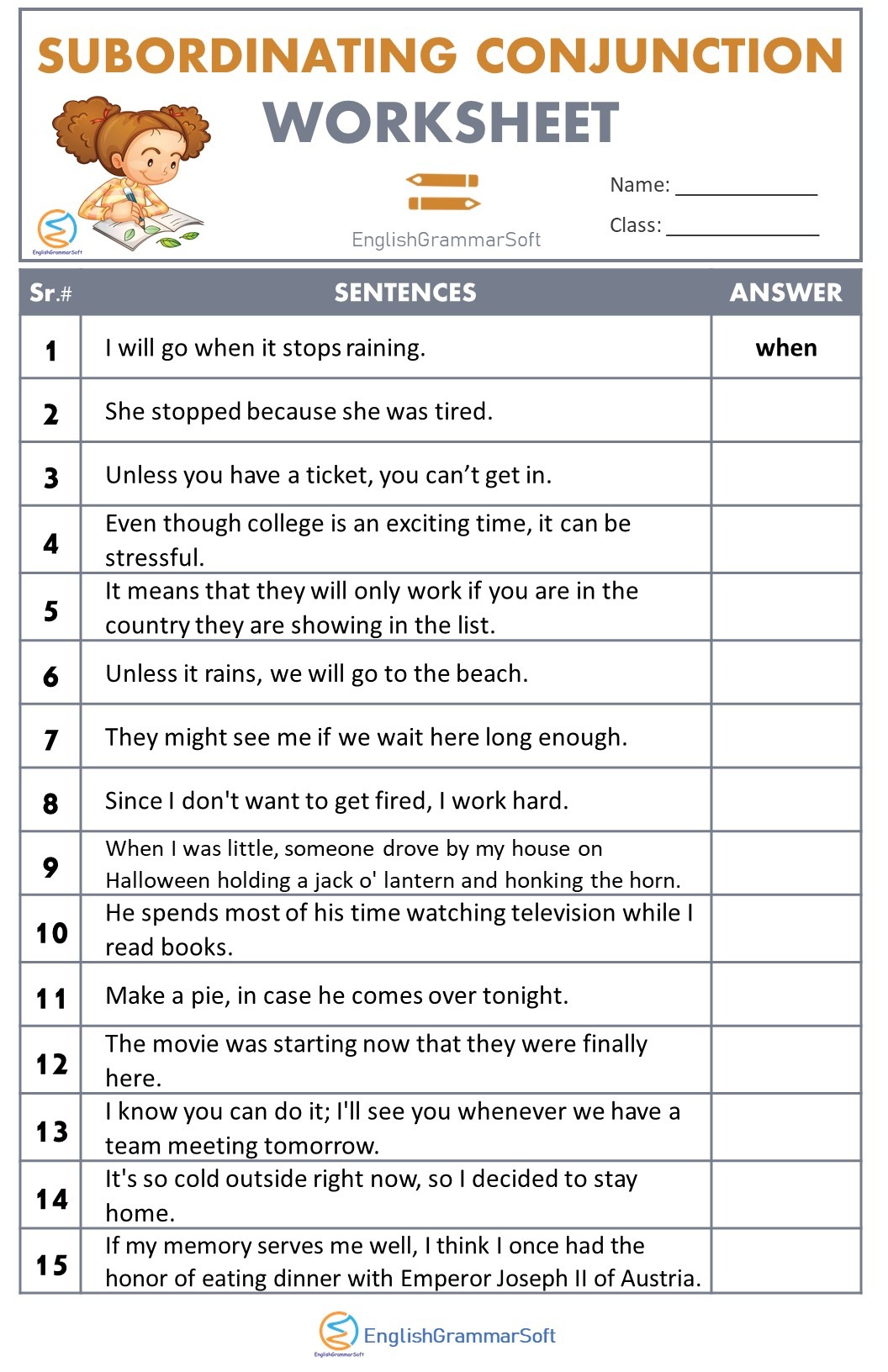 Mastering Subordinating Conjunctions with Practice Worksheets