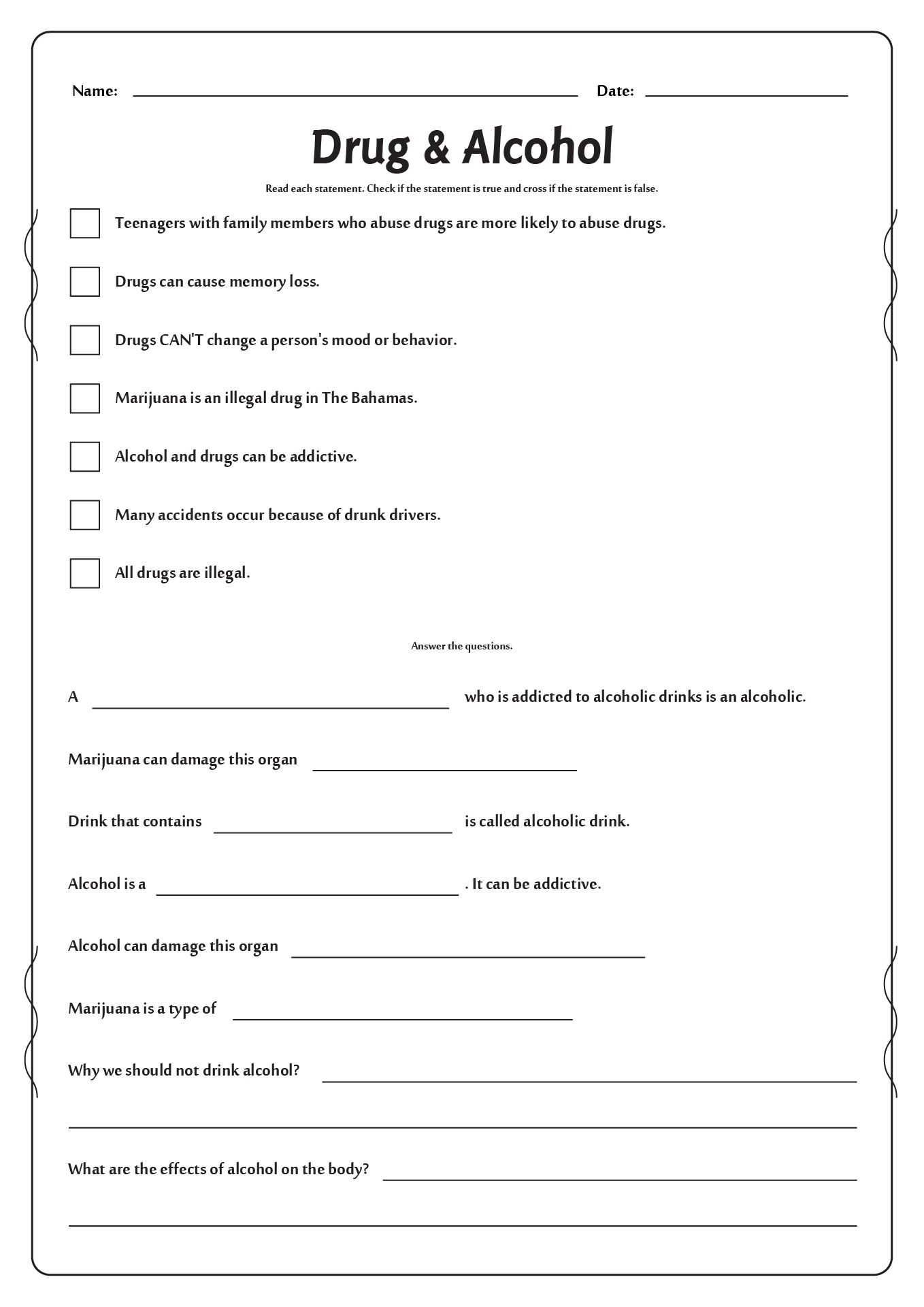 Substance Abuse Worksheets