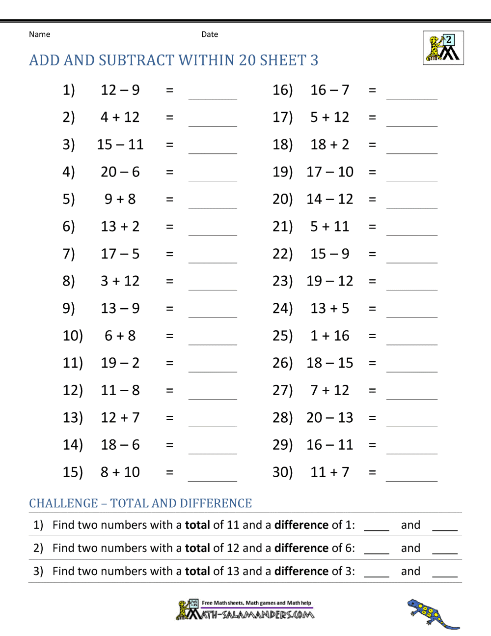 Subtract Within 20 Worksheets for Kids' Math Practice