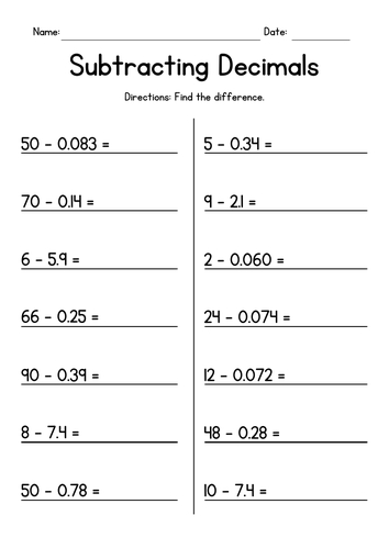 Subtracting Decimals From Whole Numbers Teaching Resources