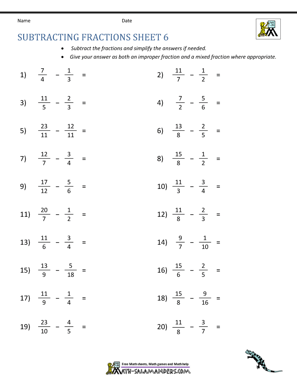 Subtracting Fractions With Unlike Denominators