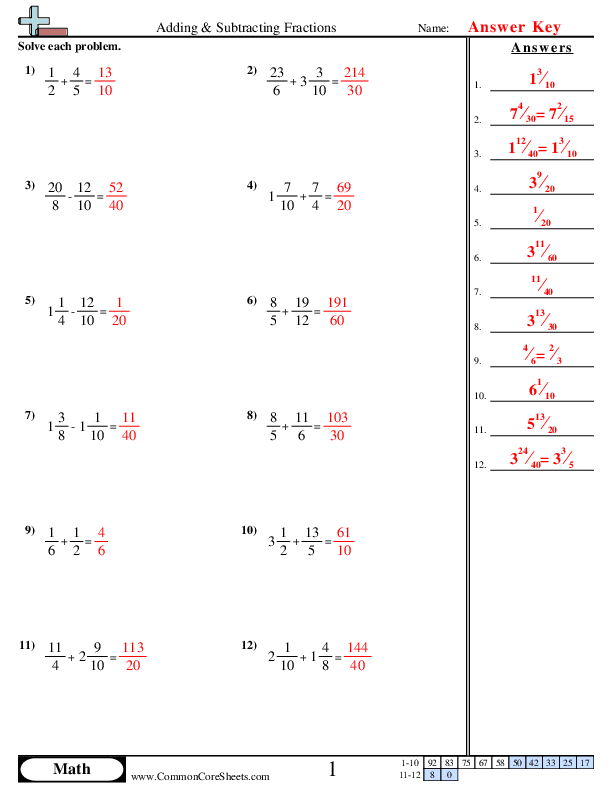 Subtracting Fractions Worksheets with Simple Answers