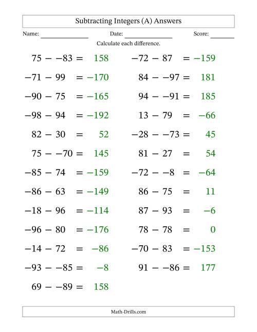 Subtracting Mixed Integers From 99 To 99 25 Questions Large Print