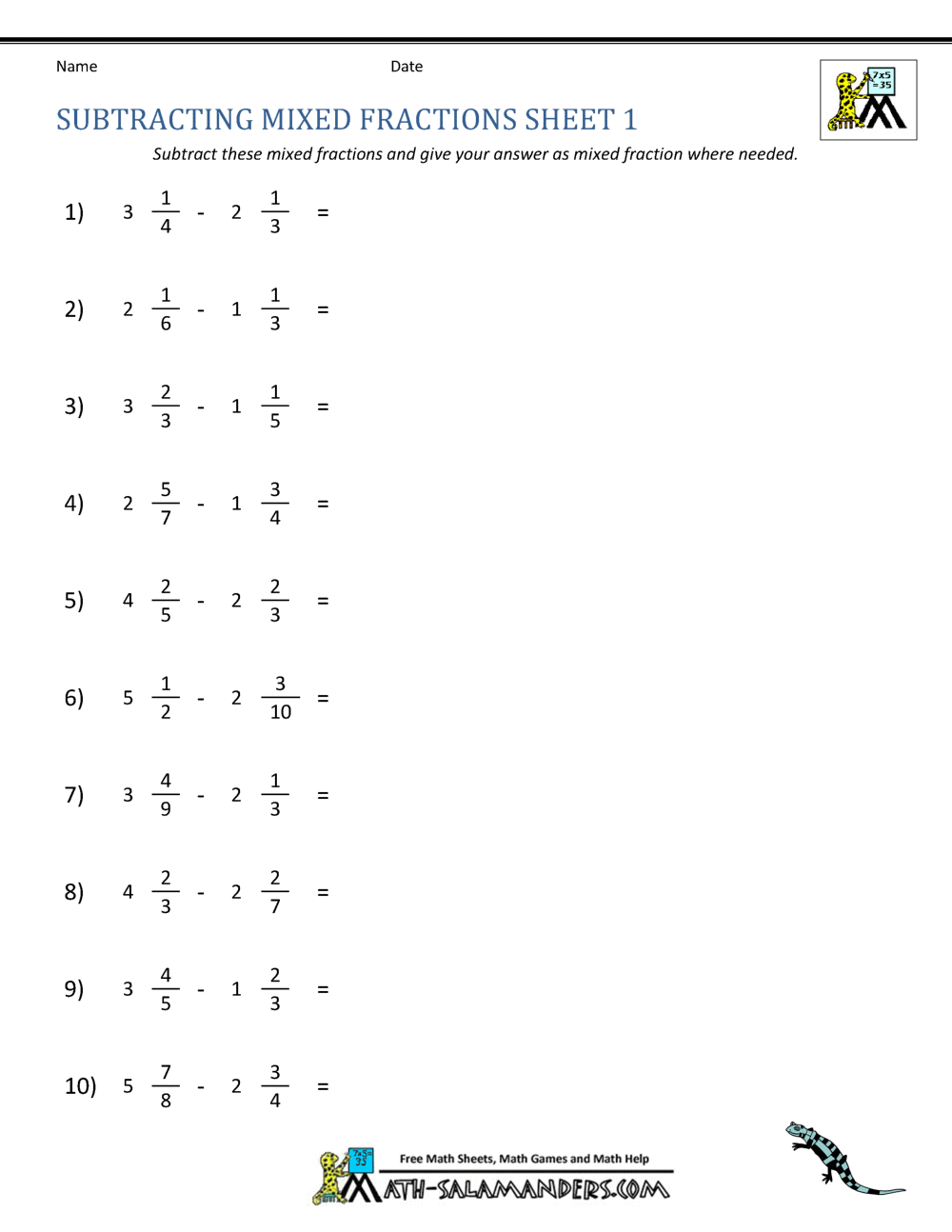 Subtracting Mixed Numbers Worksheet Pdf