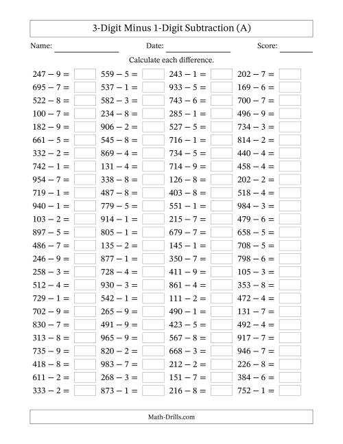 Subtraction From 100 Worksheets