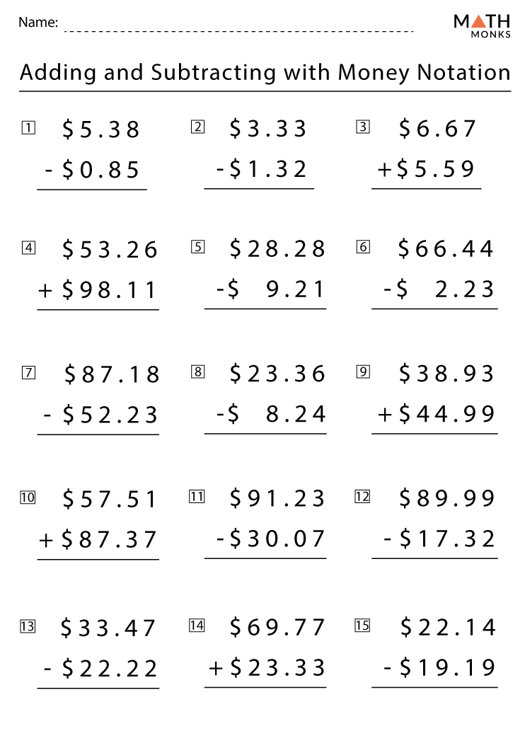 Subtraction Money Worksheets for Kids