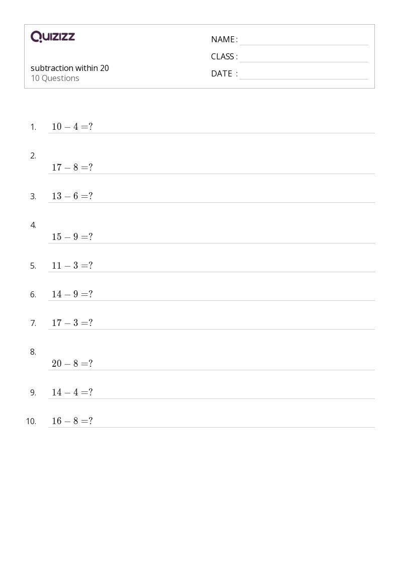 Subtraction Within 20 Worksheets Pdf