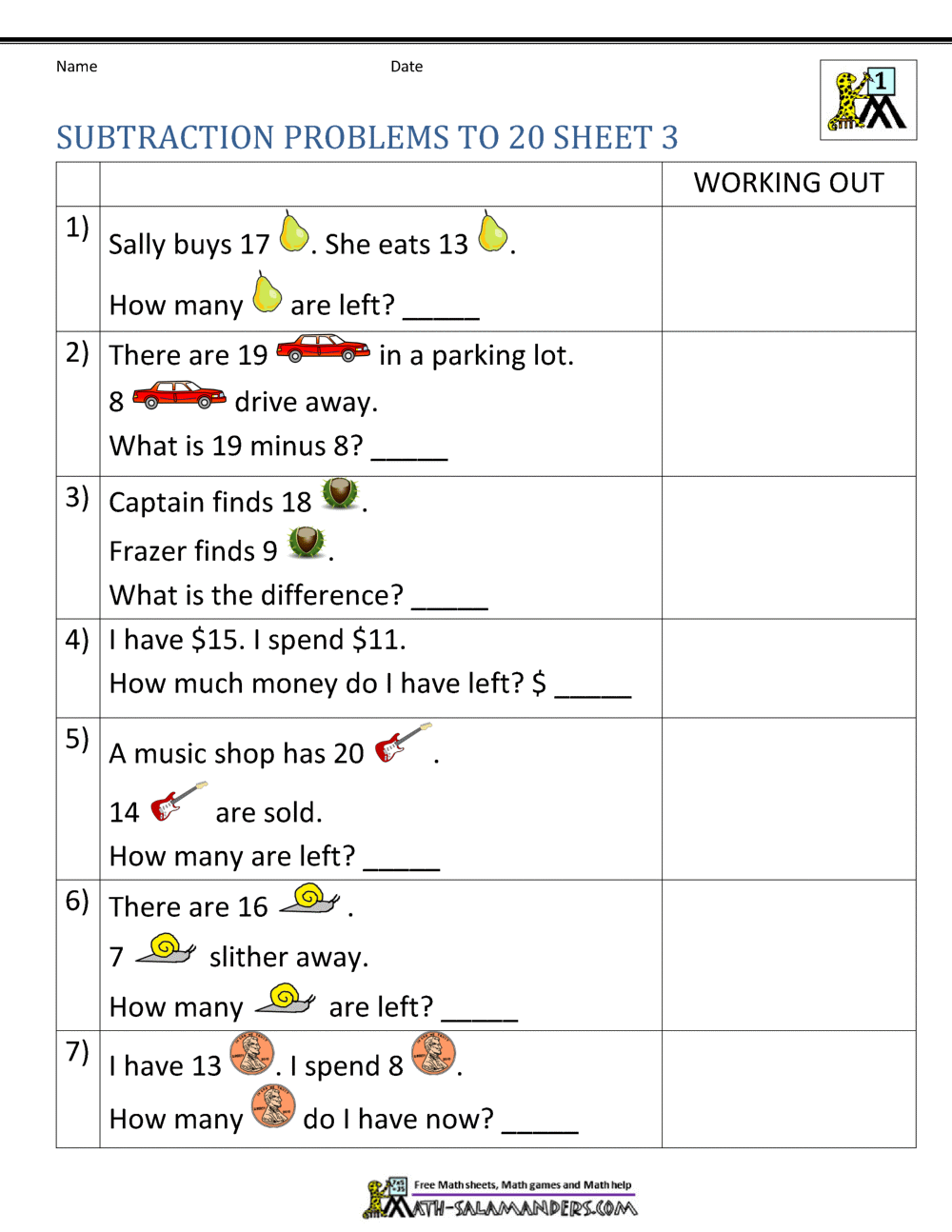 Subtraction Word Problems Grade 1