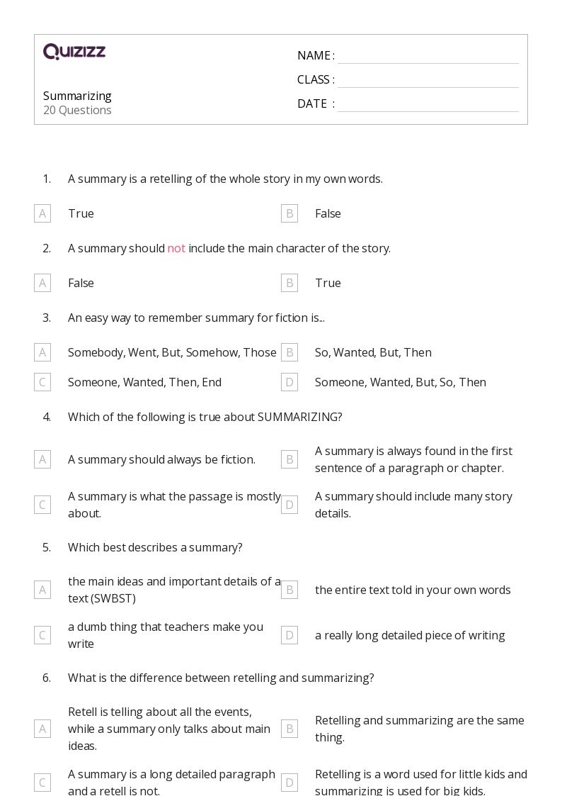 Summarizing Worksheets 3Rd Grade