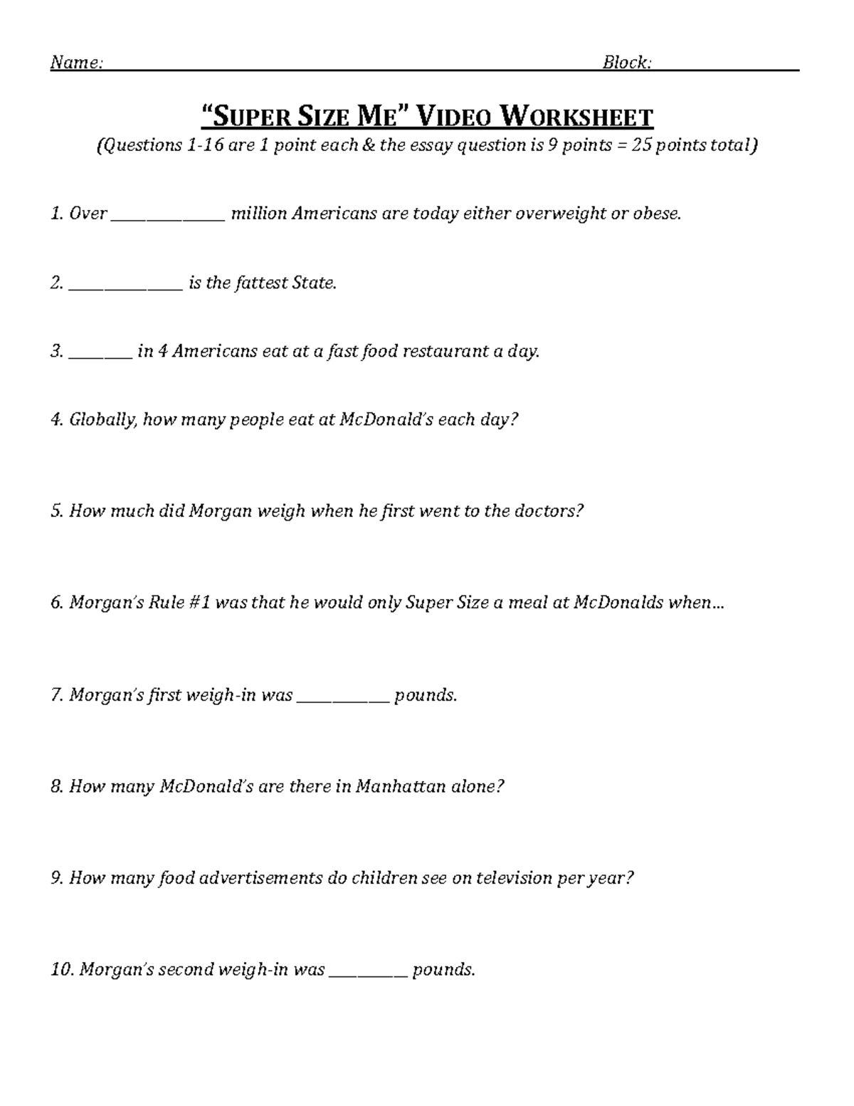 Super Size Me Video Worksheet Answers