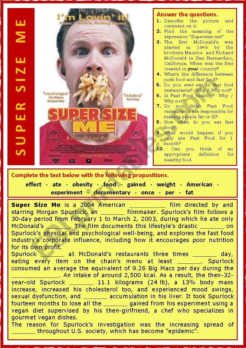 Super Size Me Video Worksheet Printable Word Searches