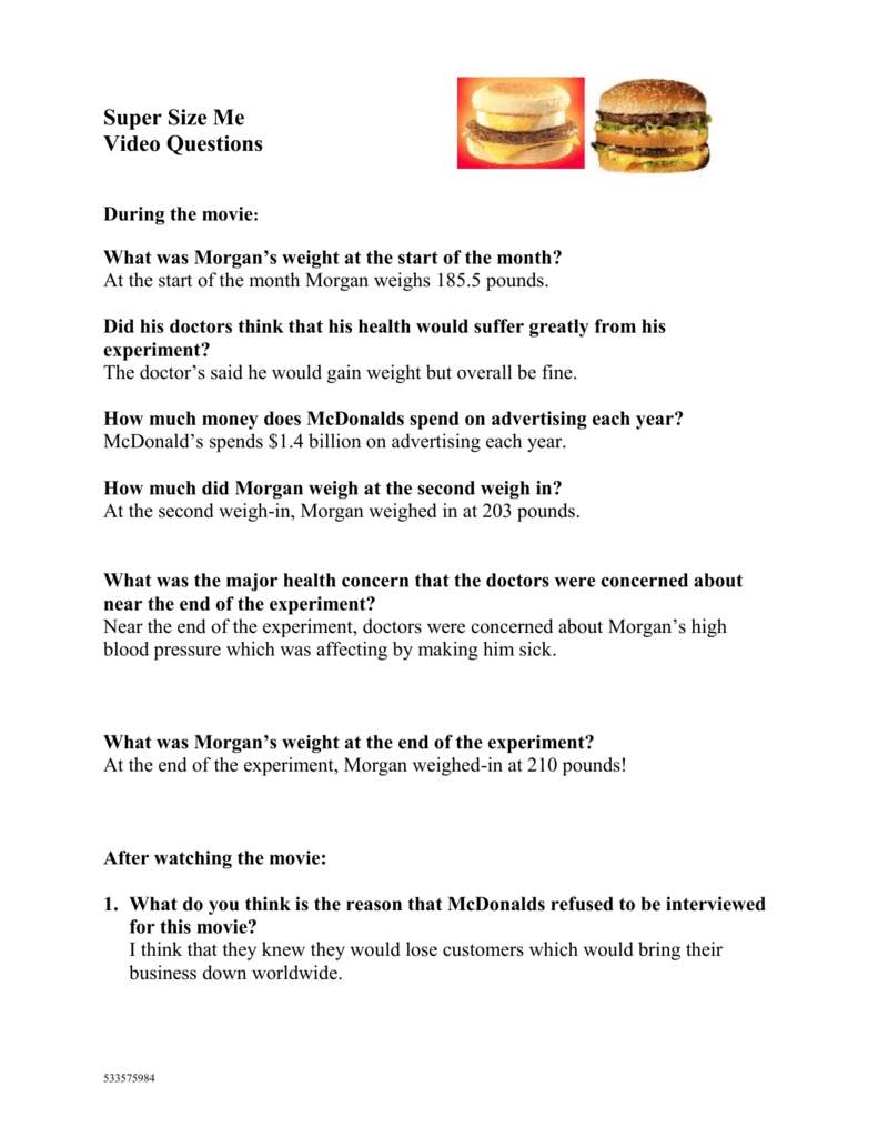 Super Size Me Worksheet Answers Guide