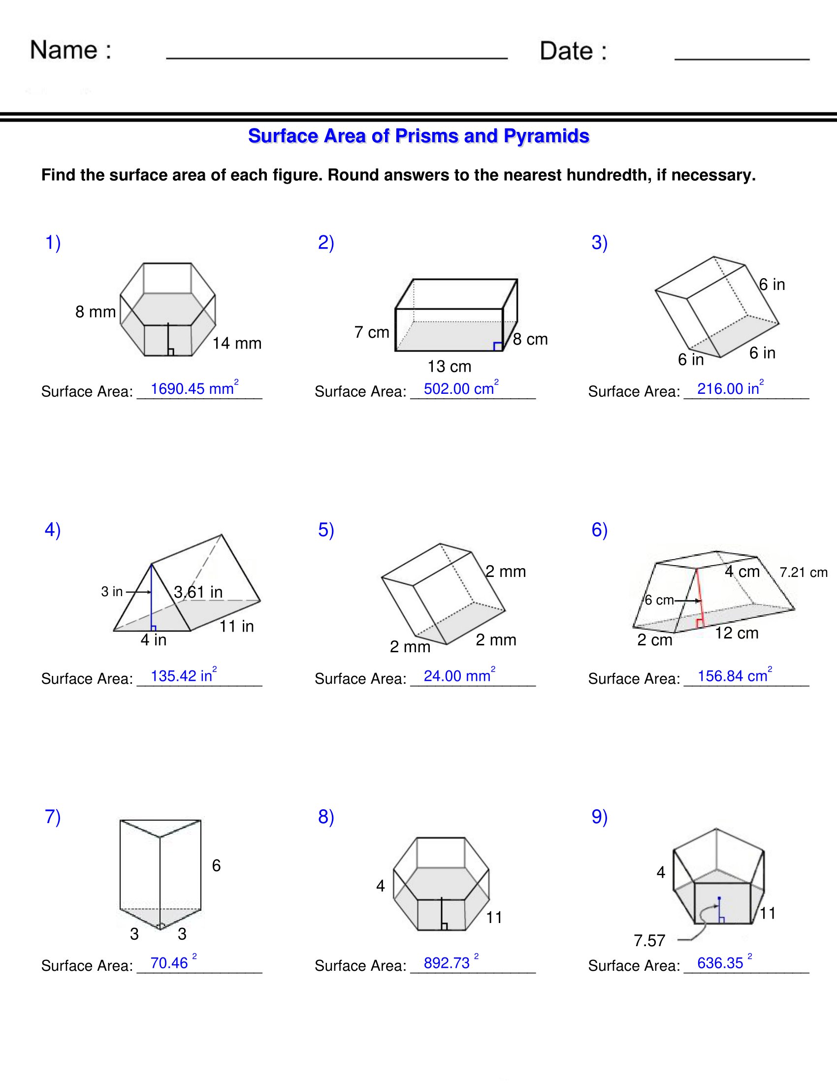 Surface Area And Volume Prisms And Pyramids Surface Area Worksheets Made By Teachers