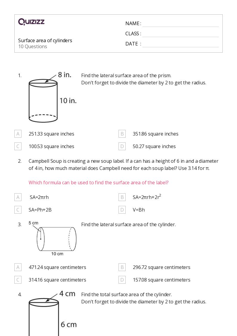 Cylinder Surface Area Worksheet for Students