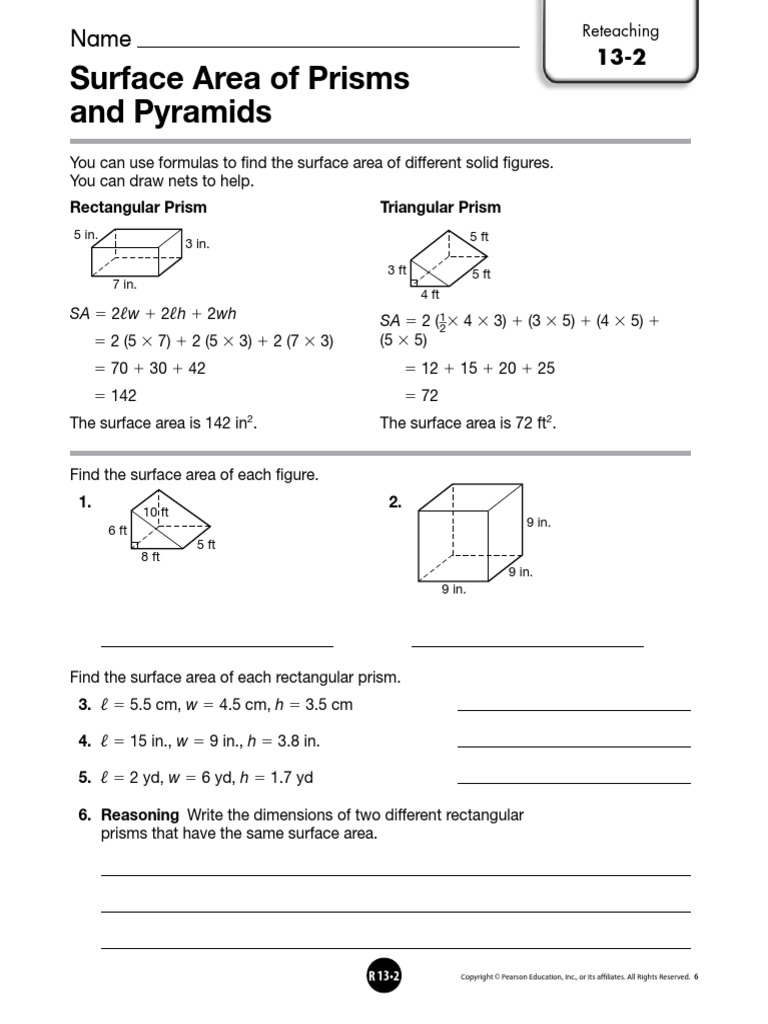 Surface Area of Triangular Prisms Worksheet and Solutions