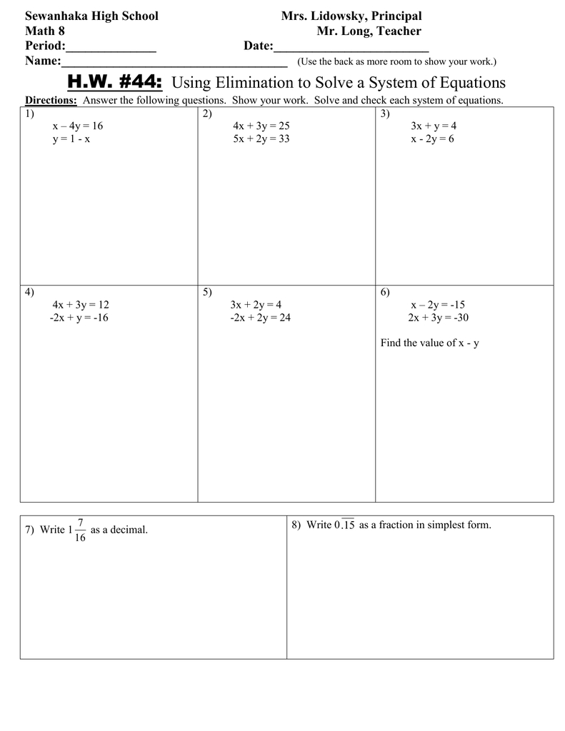 Systems Of Equations Elimination Worksheet