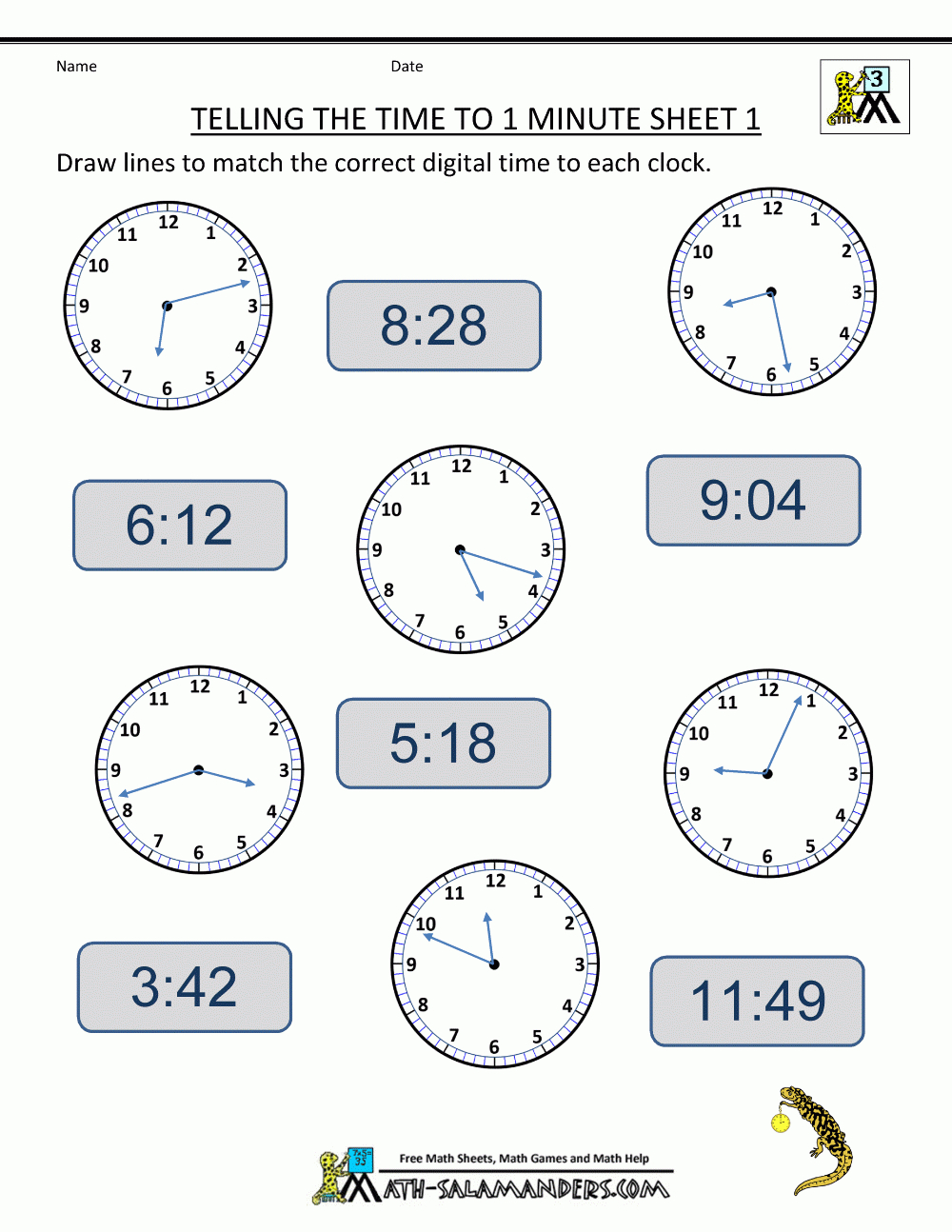 Telling Time To The Minute Worksheets