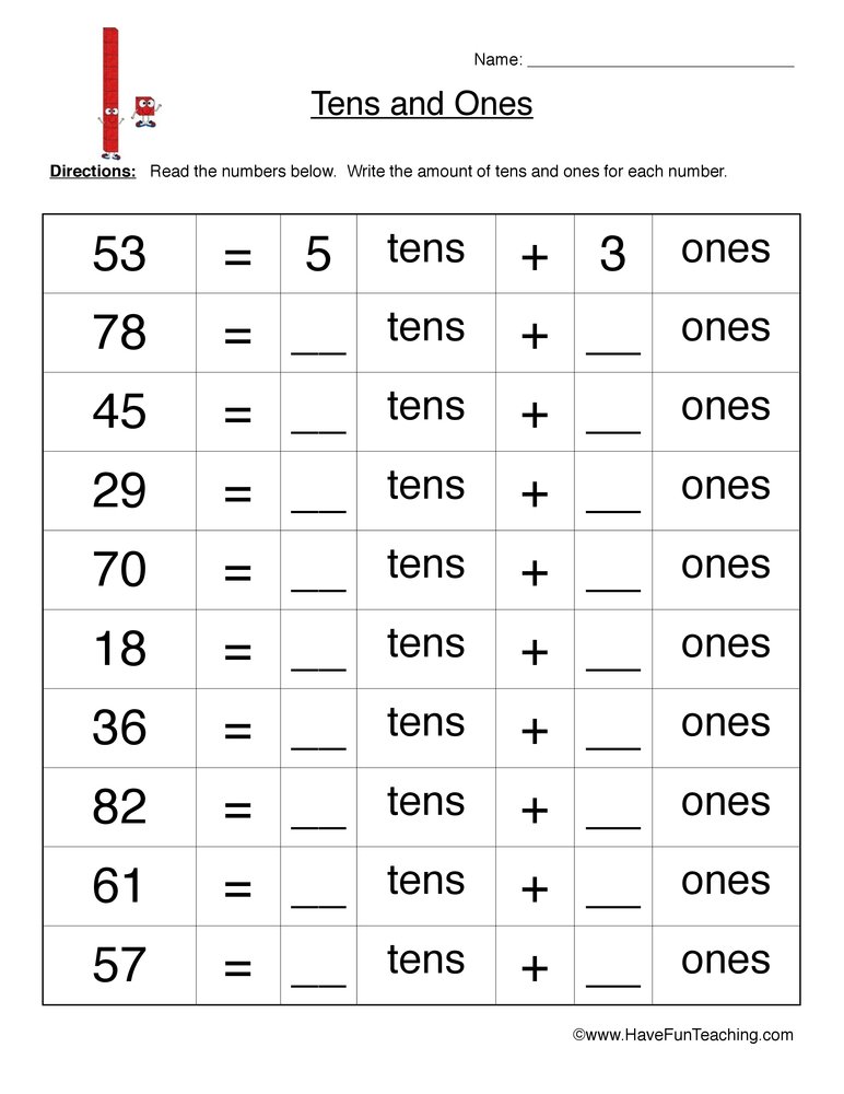 Kindergarten Tens and Ones Worksheet Fun Learning Activities