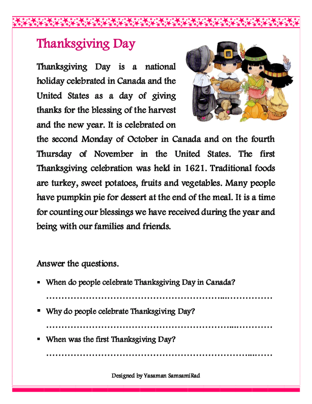 Thanksgiving Worksheets for 2nd Grade Students