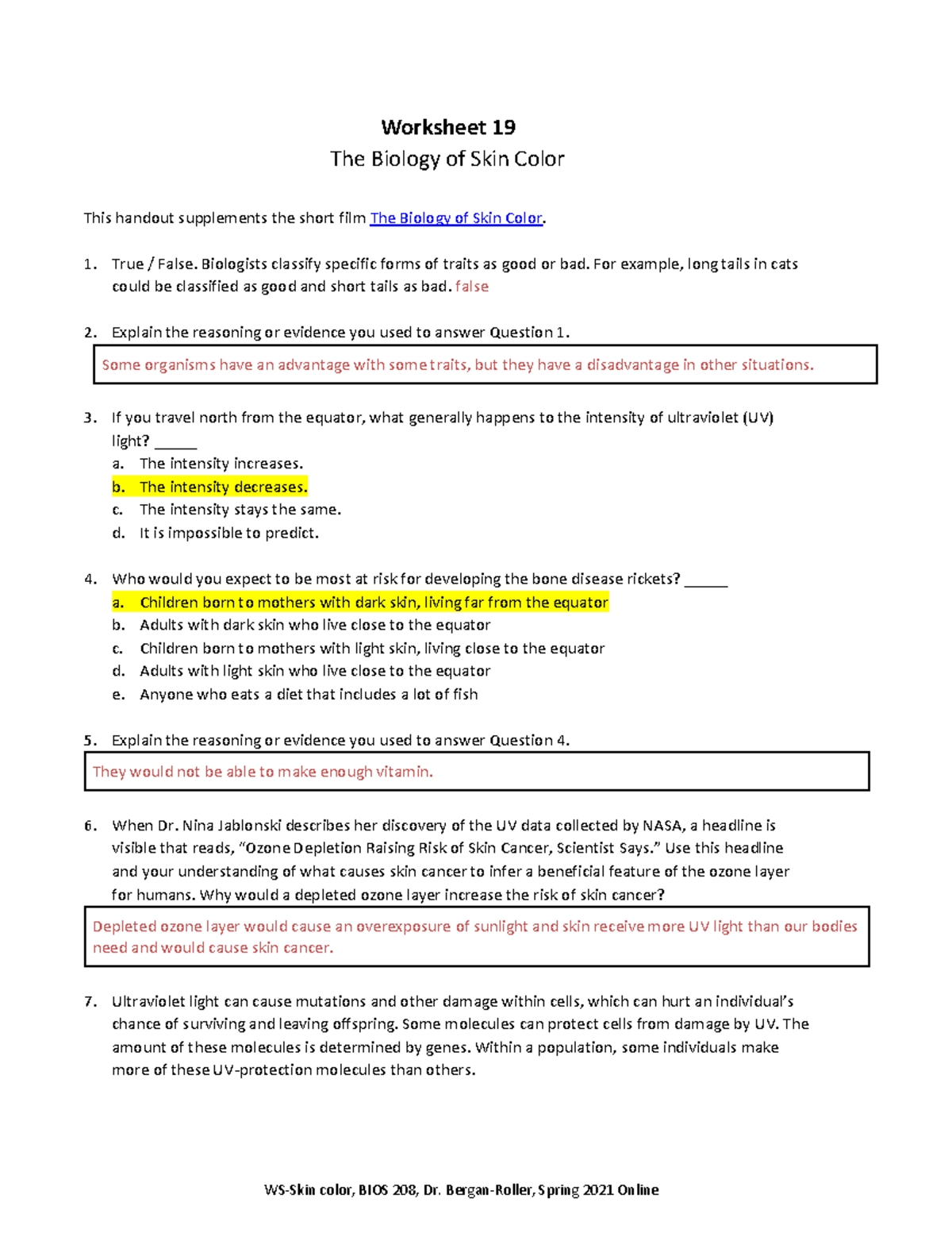 The Biology Of Skin Color Worksheet Answers Biointeractive Studying Worksheets