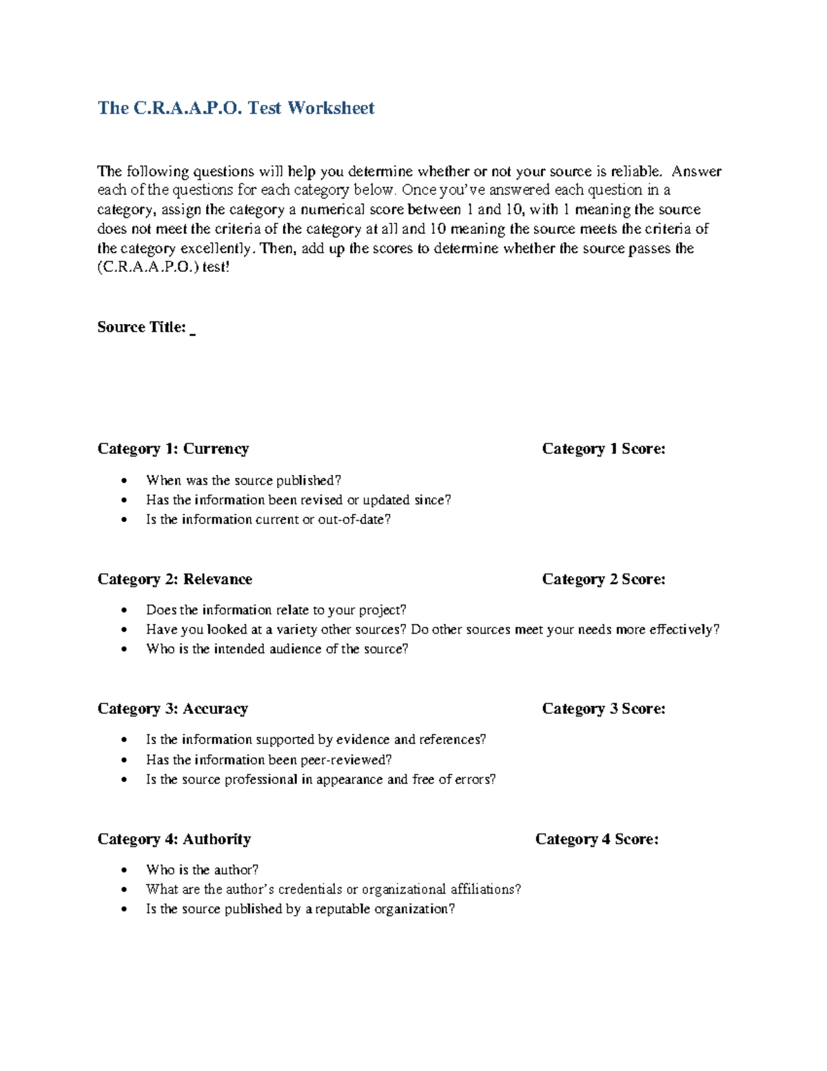 The C R A P Test Evaluating Information For Relevance And Course Hero