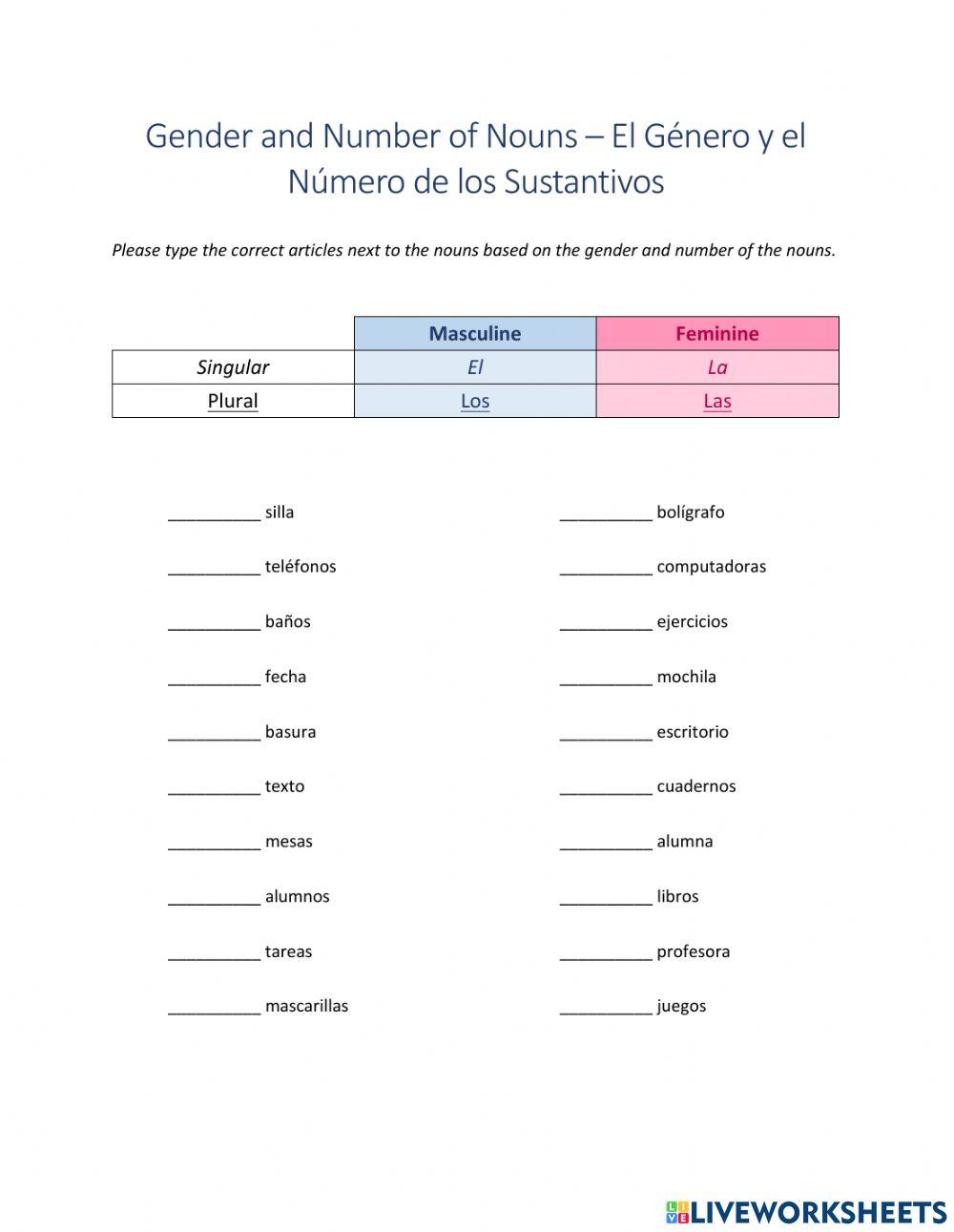 Spanish Gender of Nouns Worksheet Answers