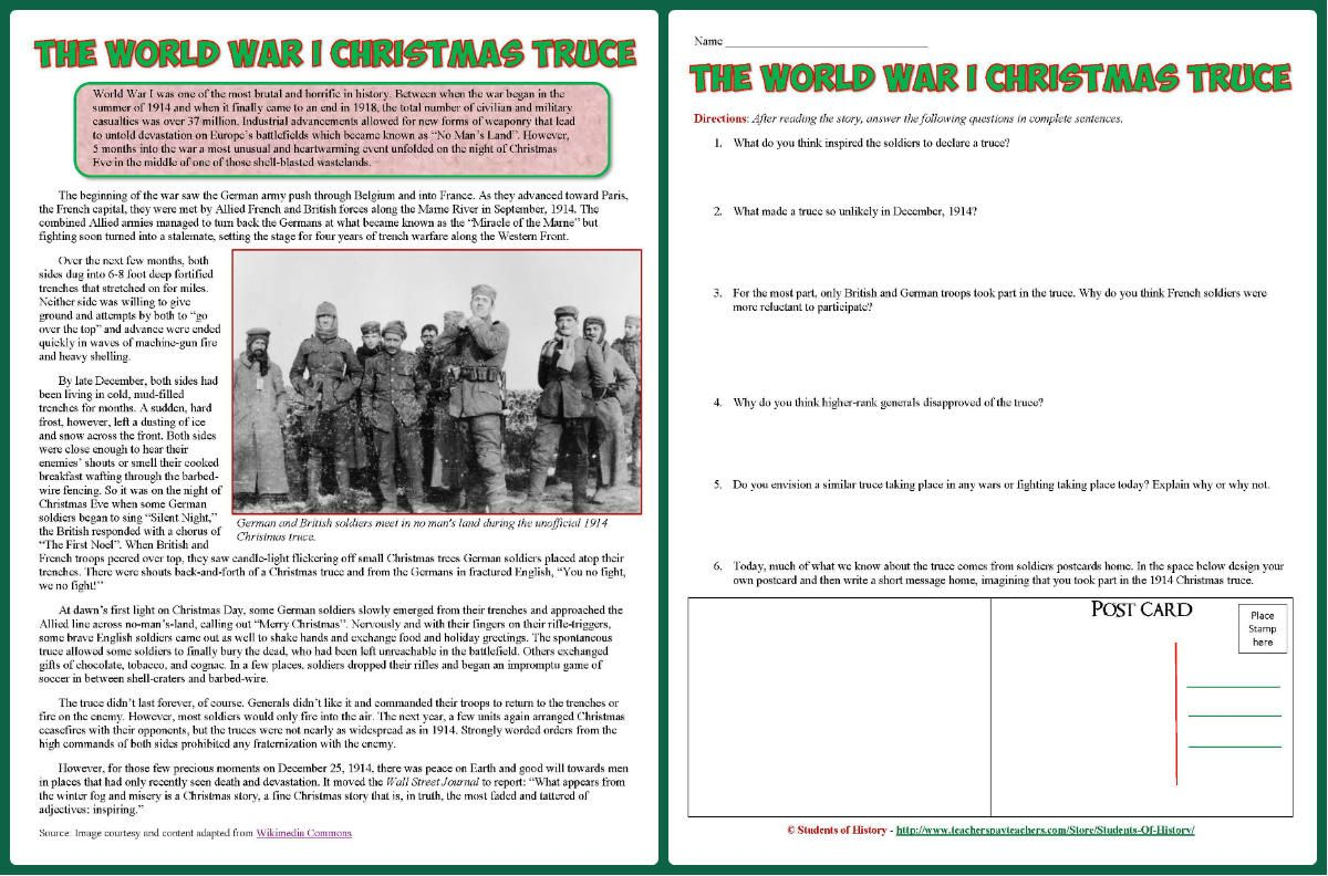 WWI Christmas Truce Worksheet Answers