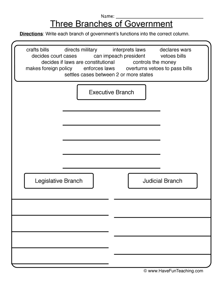 Three Branches Of Government Sort Teach Starter