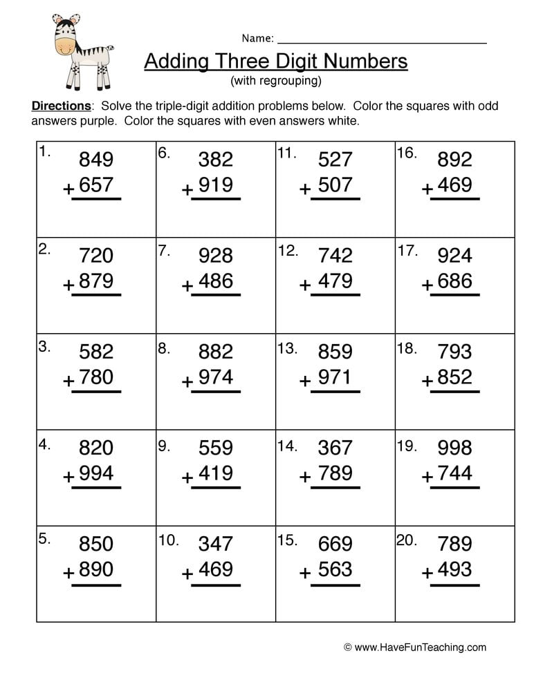 Three Digit Addition with Regrouping Worksheets for Kids