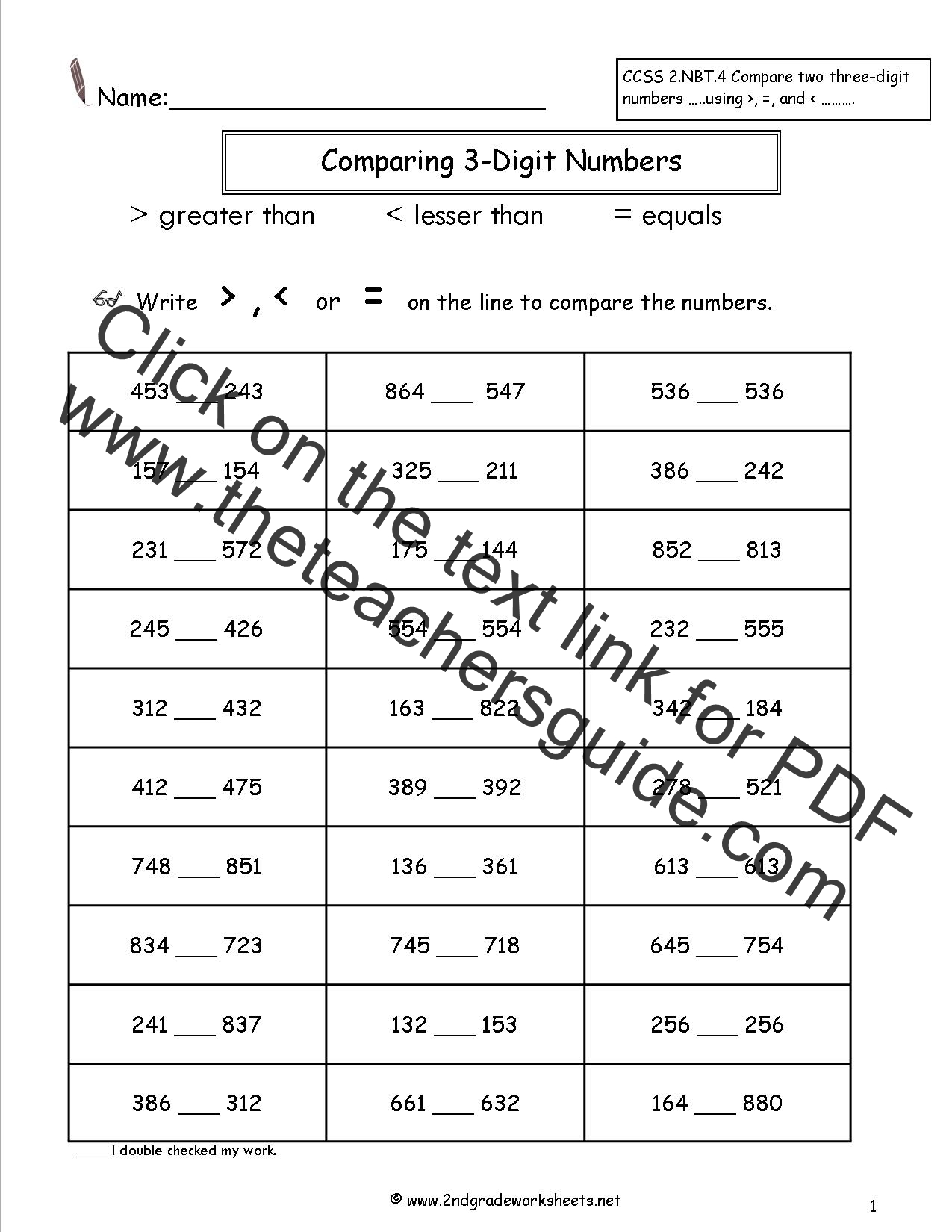 Three Digit Numbers Comparing Numbers Worksheets 2Nd Grade Pdf