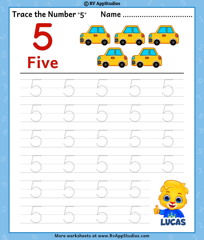 Trace Number 5 Worksheet For Free For Kids