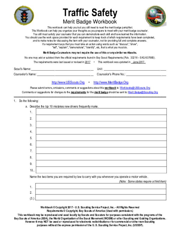 Traffic Safety Merit Badge Requirements and Worksheet