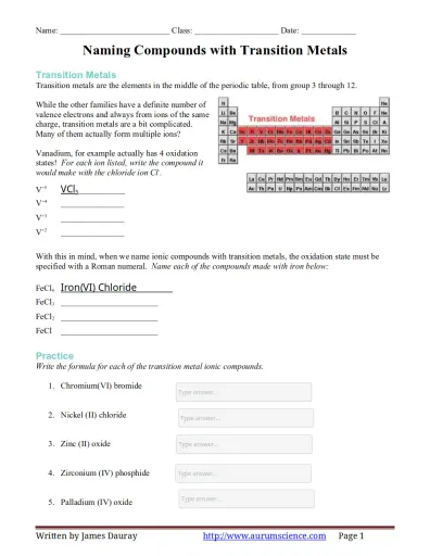 Transition Metals Worksheet Pdf