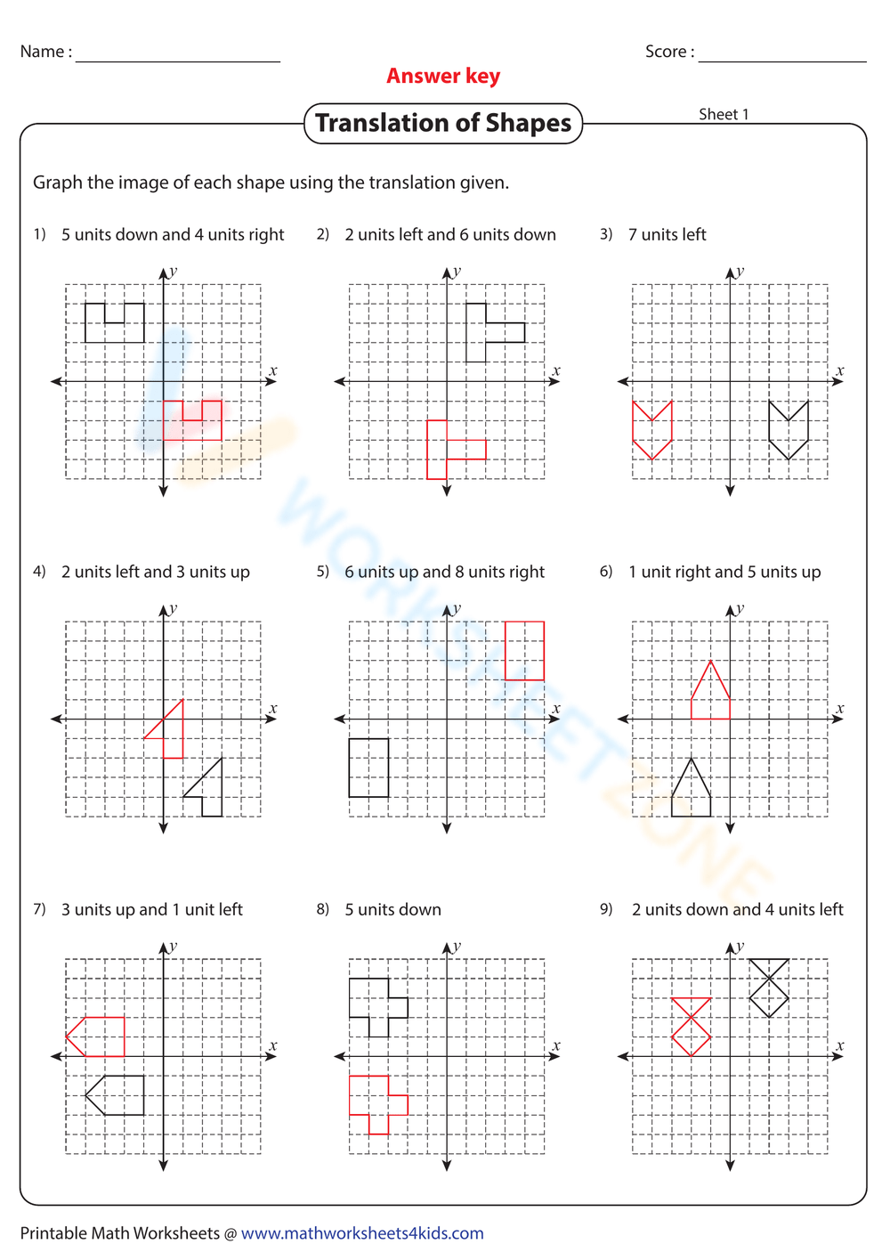 Translation of Shapes Worksheet Answers