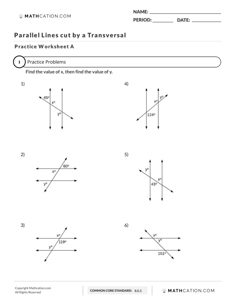 Transversal Lines Worksheet with Answers and Examples