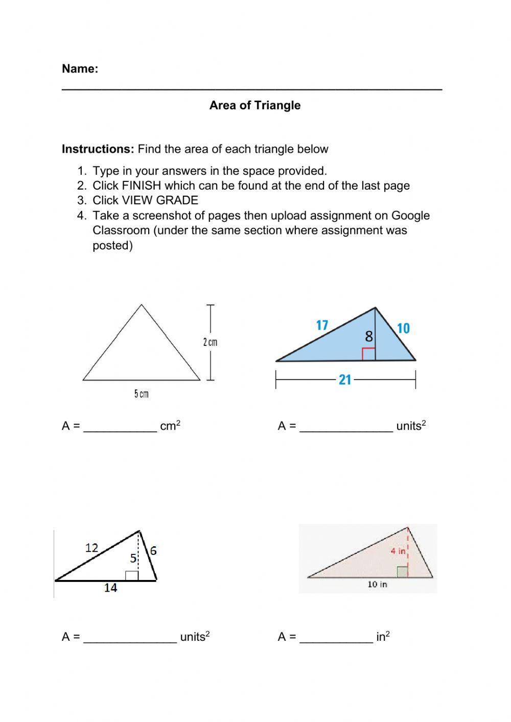 Triangle Area Worksheet with Solutions and Examples