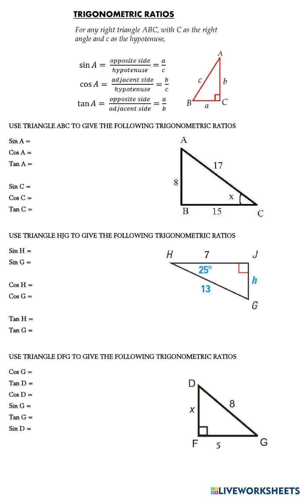 Trig Ratio Worksheet with Answers and Examples