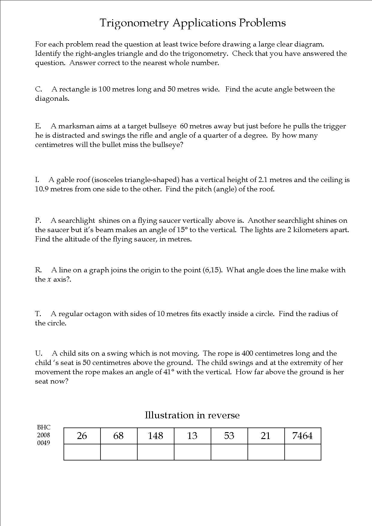 Trig Word Problems Worksheet Answers and Solutions