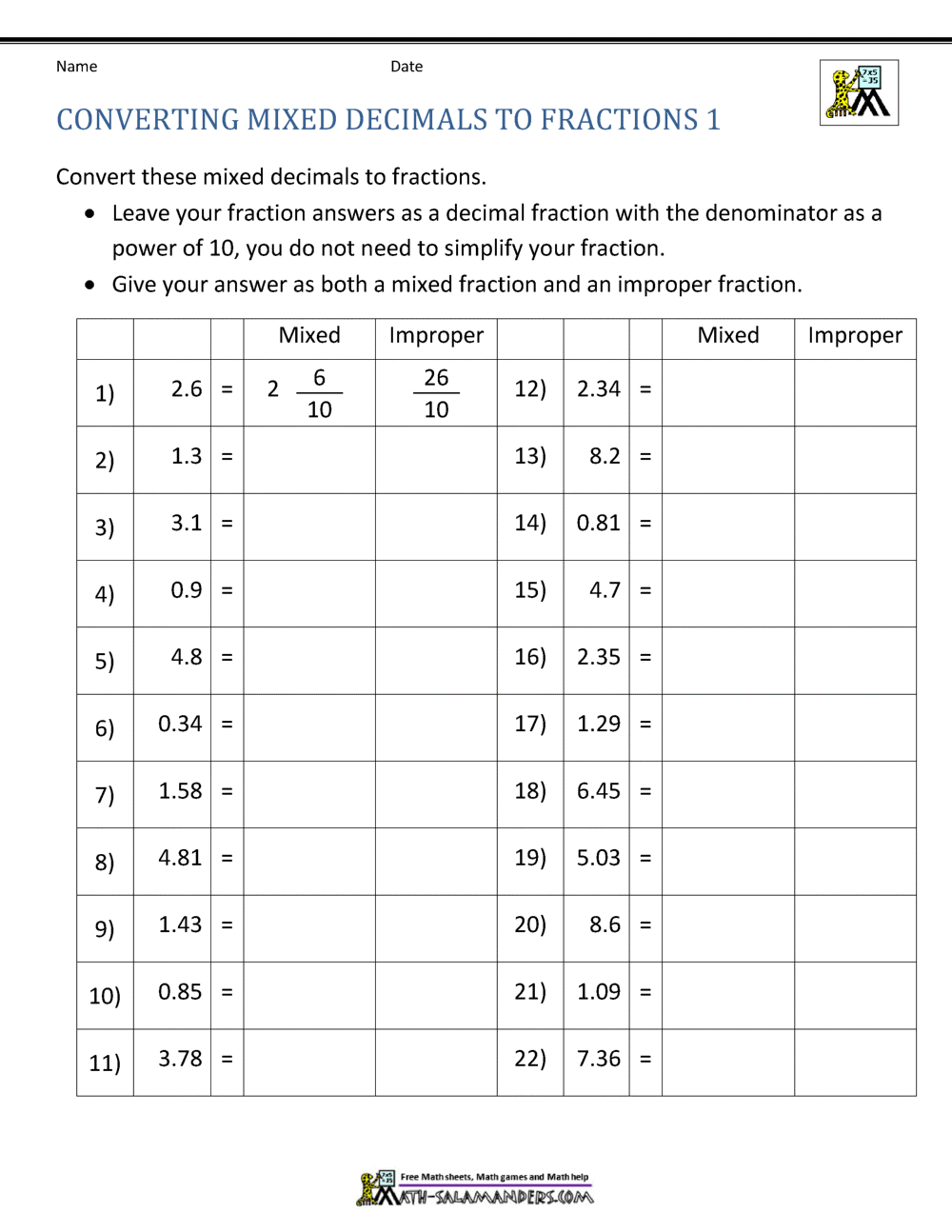 Turning Fractions Into Decimals Worksheet