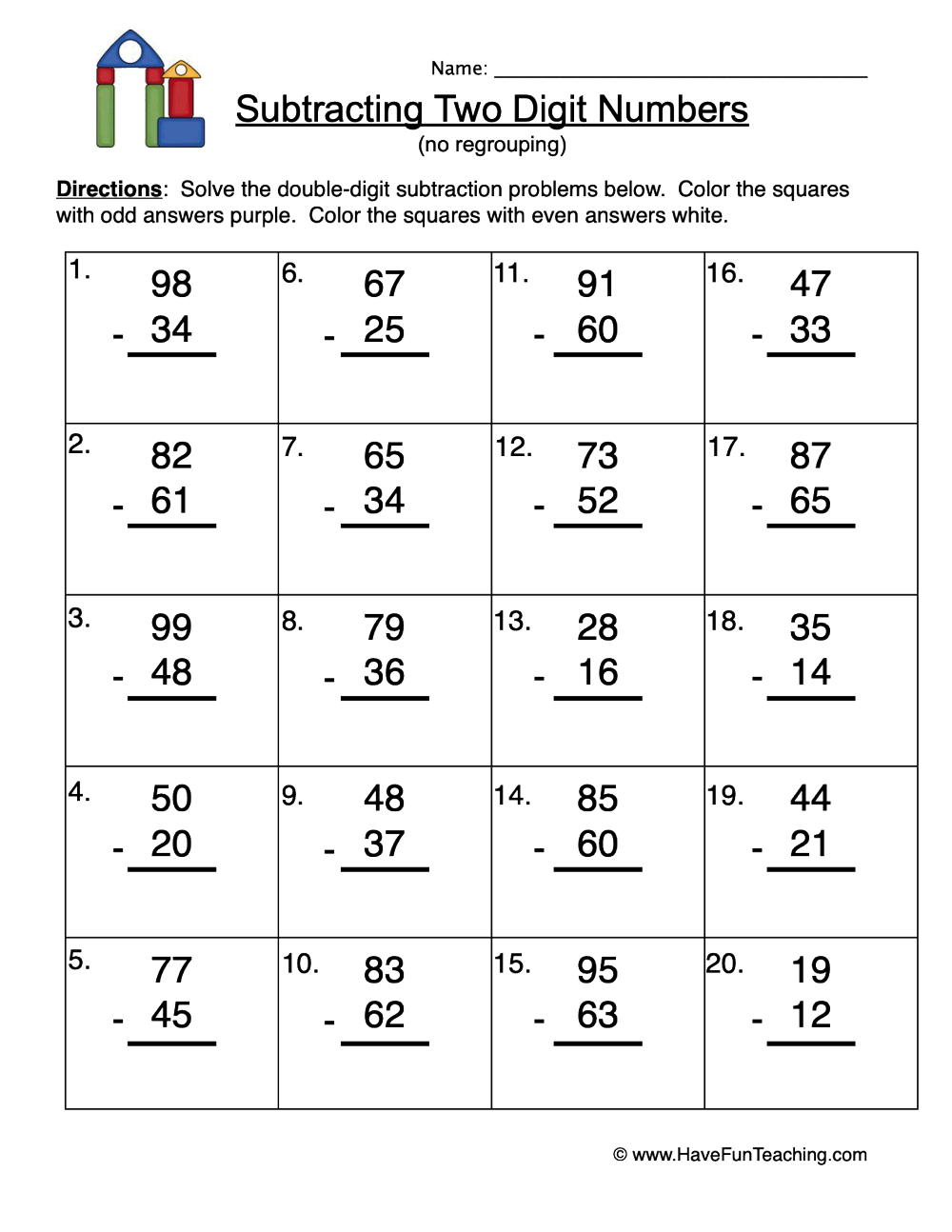 Simple Two Digit Subtraction Worksheets No Regrouping