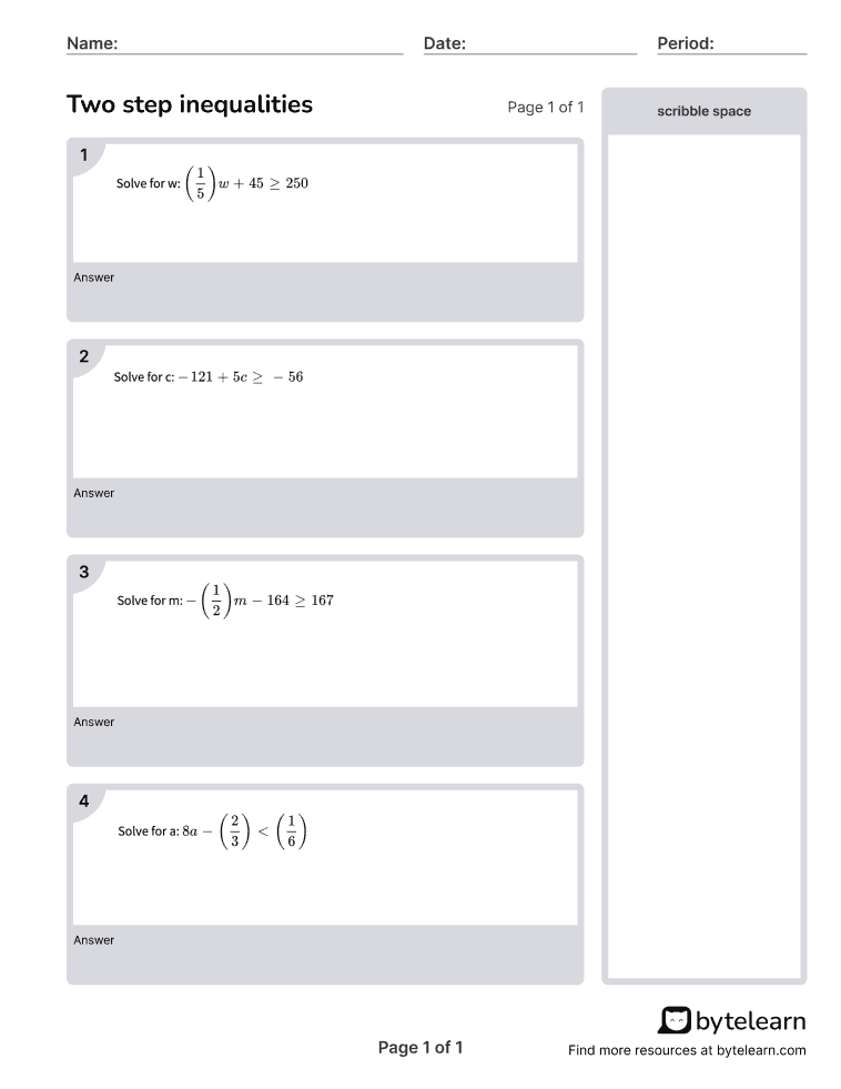 Two-Step Inequality Word Problems Worksheet With Answers