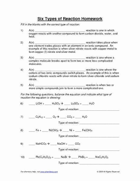 Chemical Reaction Types Worksheet Answers