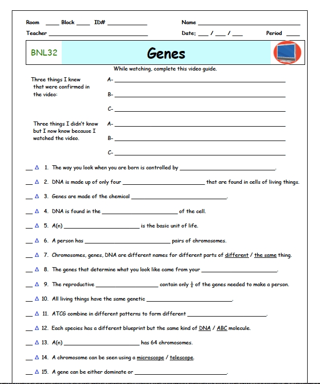 Understanding Genes Key Concepts From Bill Nye Amp 39 S Video Worksheet Course Hero