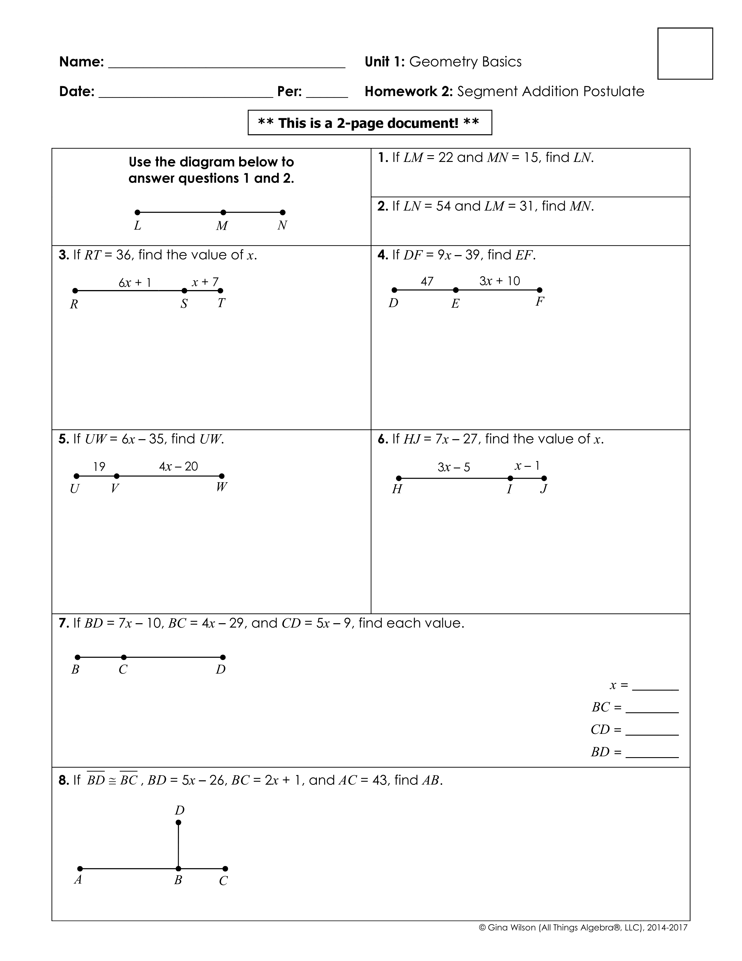 Unit 1 Geometry Basics Segment Addition Postulate Answer Key Gustavogargiulo Free Scientific