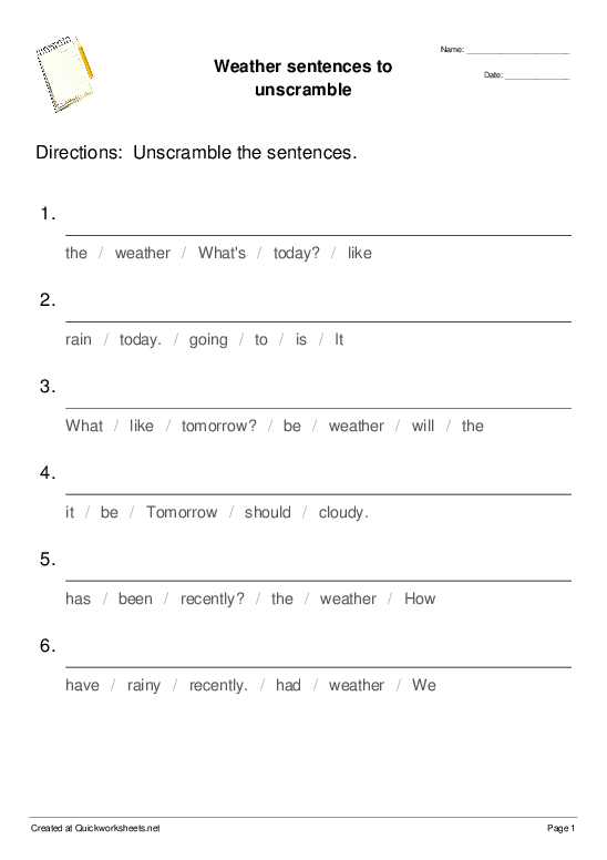 Unscramble The Sentence Worksheet